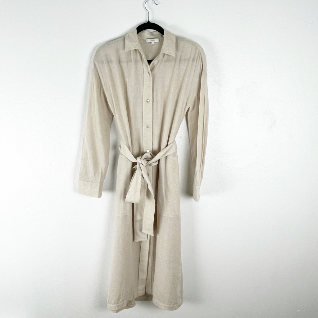 Vince Dove Oat Front Button Belted Waist Shirt Dress Size Small Neutral Casual
